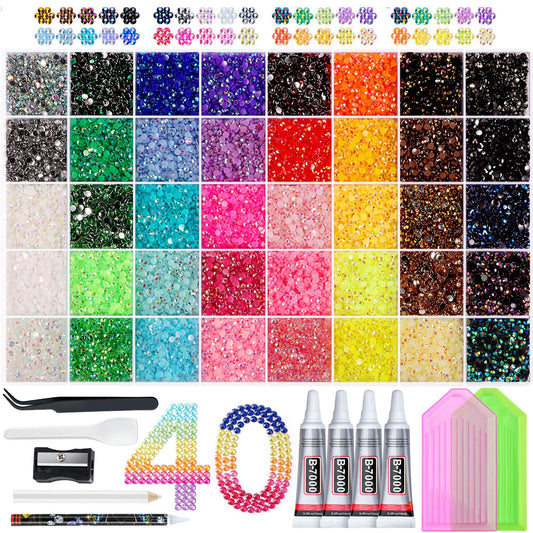 40 Grids 45000pcs Nail Rhinestones Kit with 4Pcs B-7000 Glue, Multi-Color Flat Back Crystal Gems, Tweezers, Picker Pen, 2 Trays & Spatula for Nail Art, DIY Crafts, Face Makeup & Decoration