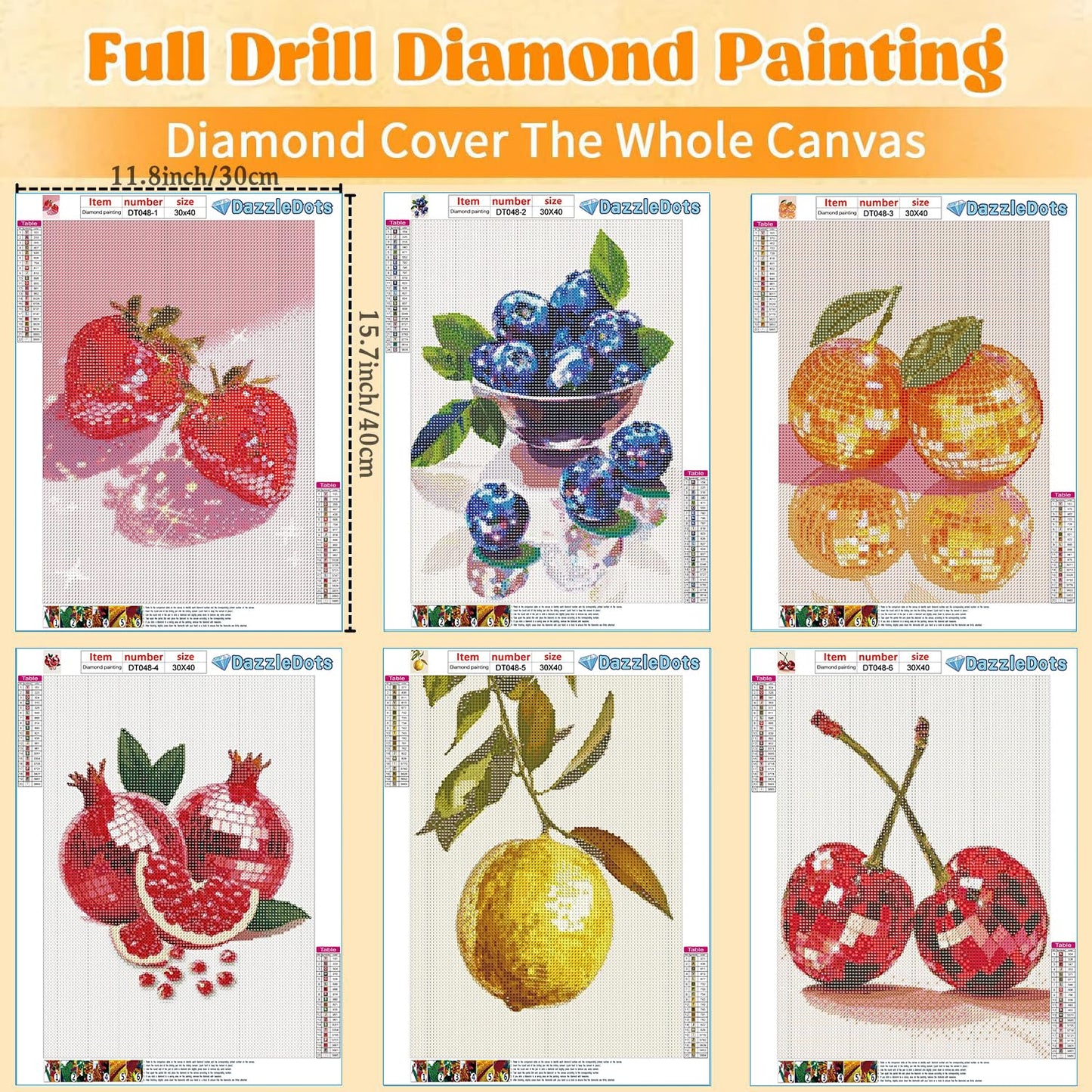 DAZZLEDOTS Diamond Art Kits for Adults, 6 Pack Disco Ball Diamond Painting Kits for Beginner Fruit 5D Full Drill Round Diamond Dots Crafts Gem Art for Home Wall Decor Gifts 12x16 Inch