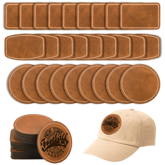 BUVKHMX Faux Leather & Leatherette Hat Patches - 60 Pack Blank Laserable Patches with Adhesive Backing for Customization, Fabric Repair, Sewing & Laser Engraving Supplies (Brown)