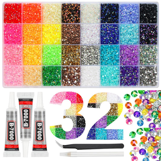 42000Pcs 32 Colors Resin Jelly Rhinestones for Bedazzling, 3mm Multicolor Flatback Gems for Crafting, Bedazzler Kit with 3Pcs 10ml B7000 Glue for Clothes Book Shoes Nails Art Makeup