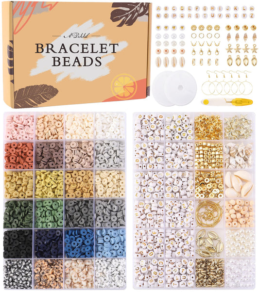 ADIIL 7200 Pcs Clay Beads Friendship Bracelet Making Kit, 24 Colors 6mm Polymer Heishi Beads, Neutral