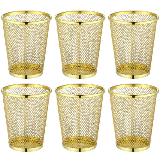 Poola Voidra 6 Pcs Gold Mesh Pen Holders Bulk Metal Pencil Makeup Brushes Cups Back to School Supplies Round Golden Organizer Golden for Desk Home Office Classroom Students Teachers Staff