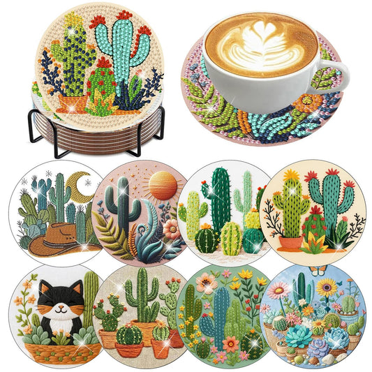 mrpwnle 8 Pcs Cactus Diamond Art Coasters Kit for Adults, Cactus Flowers Diamond Painting Coasters with Holder Cork Pads, DIY Diamond Art Non Slip Coaster Crafts Kits for Adults Beginners Gifts