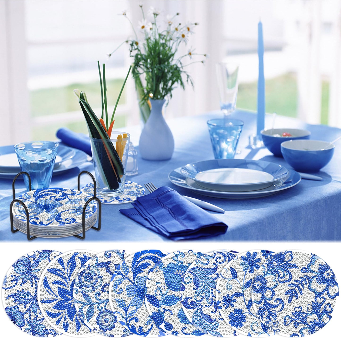 Diamond Art Coaster Blue Flower Diamond Painting Kits 5D DIY Acrylic Diamond Coasters with Cork Base and Holder for Adults DIY Craft, 8 PCS