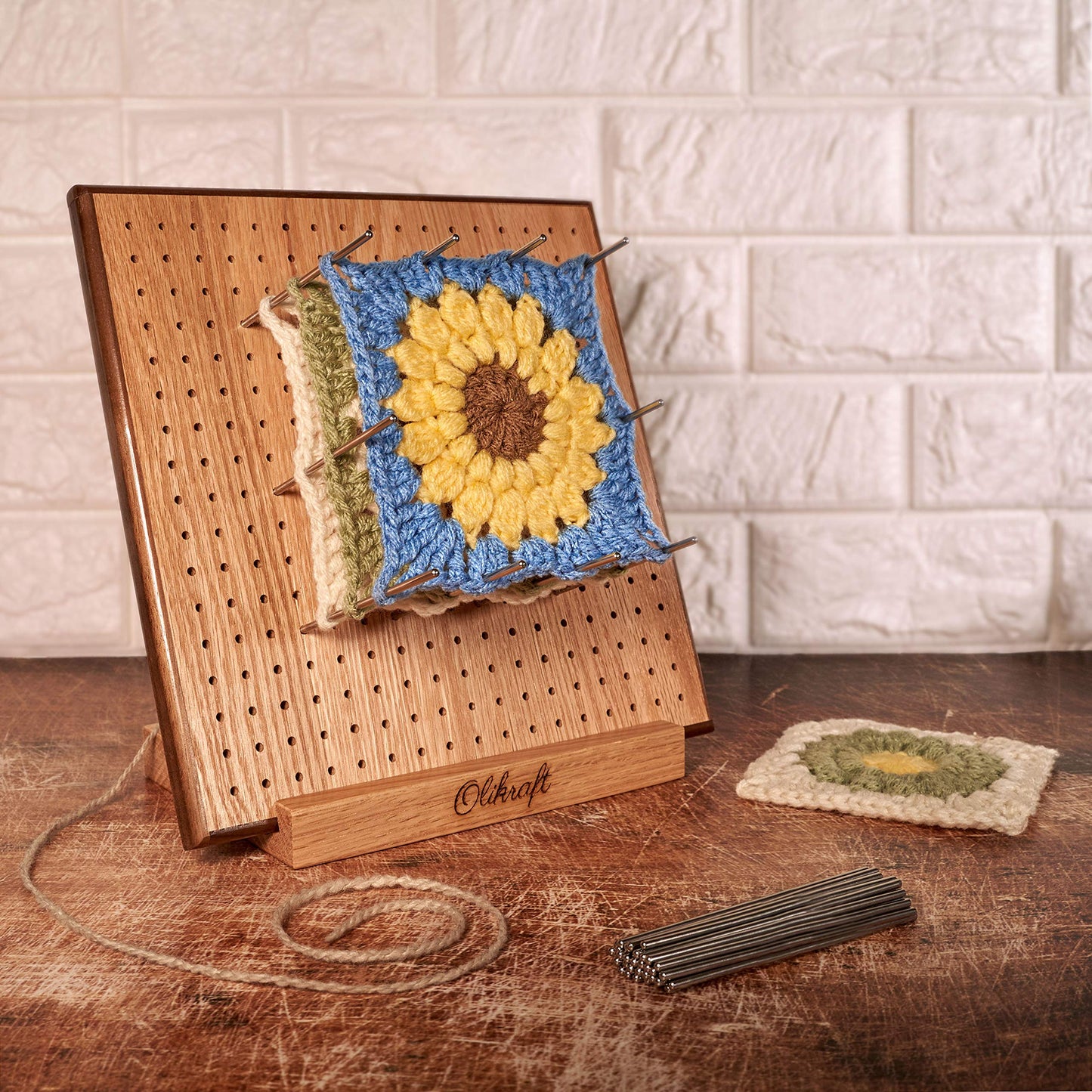 Olikraft 8" Crochet Blocking Board with 50 Pins and 4-Pack Yarn Cutter Pendant Set - 8-Inch Red Oak Crochet Board with Felt Backing and Gold Multi-Color Cutters for Crafting Precision