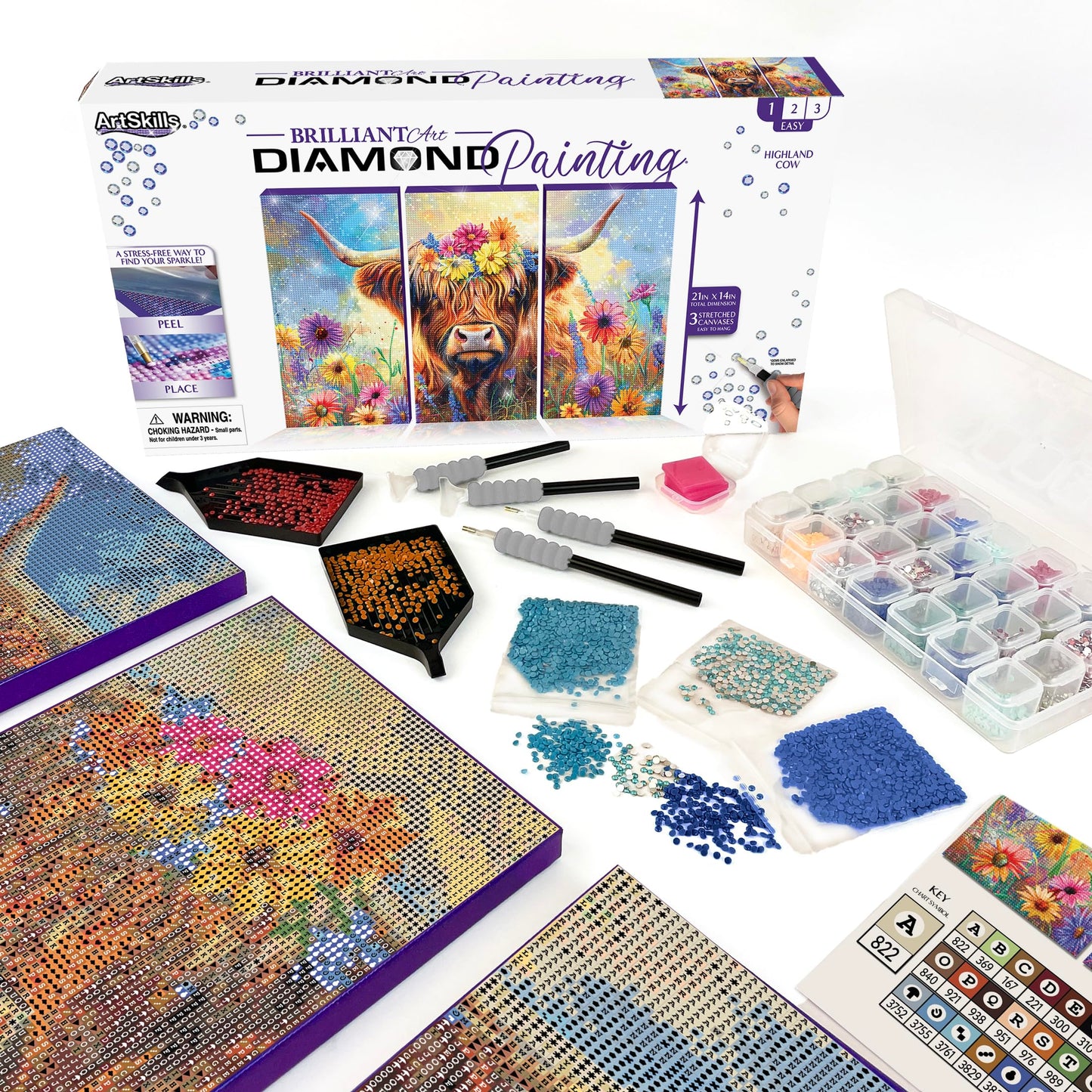 ArtSkills Diamond Painting Kit, Diamond Art Ready to Hang Framed Canvas with Storage and Accessory Kit, Highland Cow, 3 Stretched Canvas Panels, 14” x 7” Each