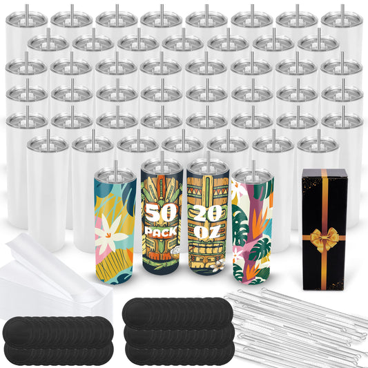Joyclub 50 Pack Sublimation Tumblers Blank 20 oz Straight Skinny bulk for Heat transfer, Double Wall Insulated Tumbler with Lids, Straw, Rubber Bottoms, Individually Gift Boxed and Shrink Wrap Films