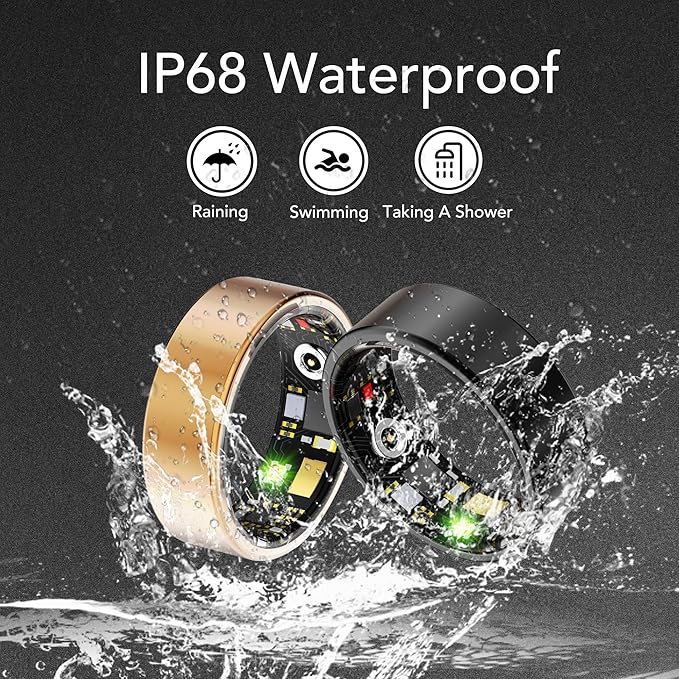 Smart Health Ring for Women Men Fitness Tracker with Heart Rate, Blood Oxygen, Blood Pressure, Sleep Monitoring, Step Counting, IP68 Waterproof for iOS and Android, No Subscription Fee, Gold 9#