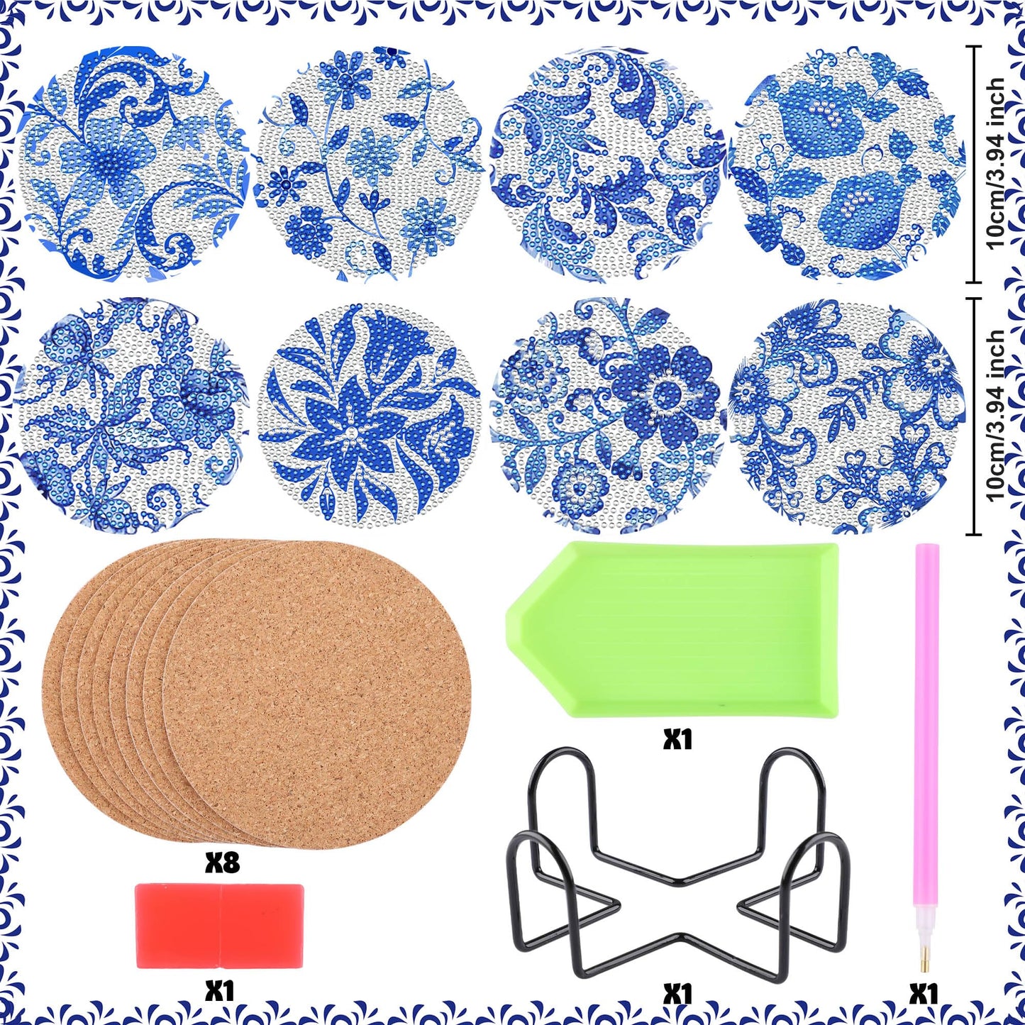 Diamond Art Coaster Blue Flower Diamond Painting Kits 5D DIY Acrylic Diamond Coasters with Cork Base and Holder for Adults DIY Craft, 8 PCS