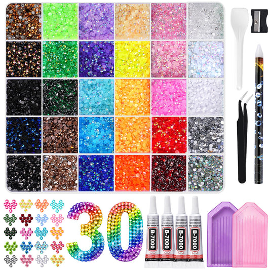 36000Pcs Resin Jelly Rhinestones for Bedazzling, 30 Colors 3mm Flatback Rhinestones with 4Pcs 10ml B7000 Jewelry Glue & Tools, Bedazzling Kit for Nail Art Crafting Book Makeup