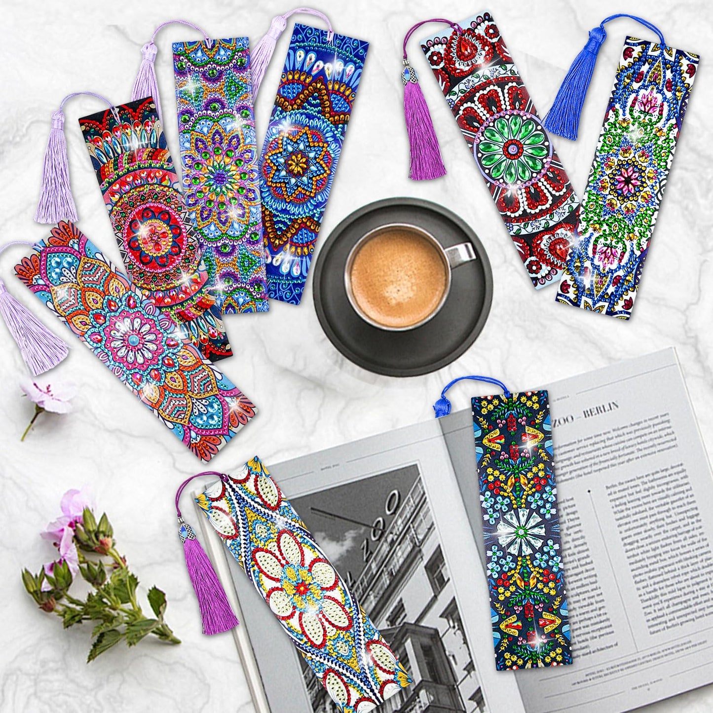 LINGFANG 8 Pcs Diamond Painting Bookmark, Leather DIY Book Makers for Adults Book Lovers, Diamond Art Beginners, Small Diamond Art Kits, Paint by Art Crafts Supplies Gift for Girls (Mandala)