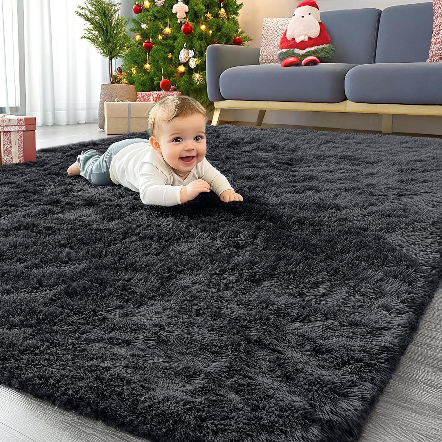 OLANLY Area Rugs - Soft Fluffy Shaggy Indoor Carpet for Living Room & Bedroom | 4x11 ft, Black