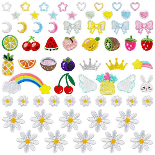 Mini Iron On Patches for Clothes 65Pcs Cute Self Adhesive Embroidered Patches Set with Daisy, Fruits-Kids DIY Trucker Hat Patches for Jackets, Bags, Leis