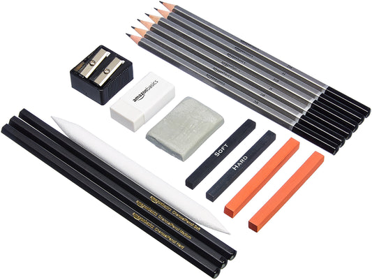 Amazon Basics Sketch and Drawing Art Supply Kit, 17-Piece, Charcoal and Pencil Set, Black, White