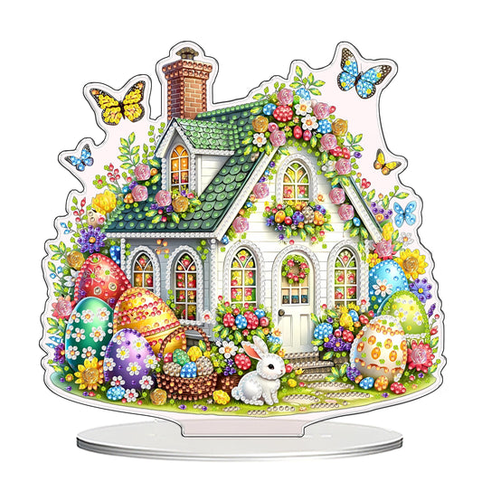 JJFox Tabletop Diamond Art Painting Kit, 5D Special Shaped Rhinestone Stand Up Ornament, DIY Acrylic Desk Home Decor Craft Gift (Easter Cottage)