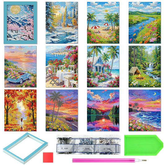 Saillong 24 Pcs Small Diamond Painting Kits Set Mini Diamond Art Set for Beginners, Full Paint Art 1-Hour Painting for Home Decor Desktop, 5.12x3.94 Inches(Landscape)