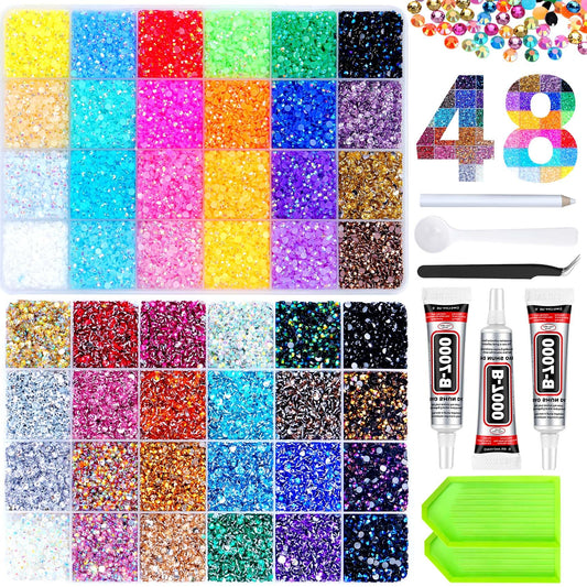 Atifober 51000Pcs 48 Colors Bedazzler Kit with Rhinestones and Tools, 3mm Bling Bedazzle Gems for Crafting Flat Back Crystal Resin Jelly Rhinestones with 3pcs B7000 Glue for Book Clothes Shoes Decor