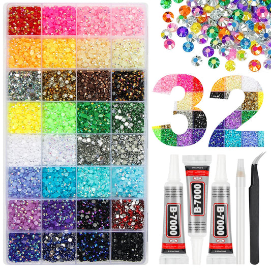 42000Pcs 32 Colors Jelly Resin Rhinestones for Bedazzling, 3mm Multicolor Flatback Gems for Crafting, Bedazzler Kit with 3Pcs B7000 Jewelry Glue for Clothes Shoes Nail Book Diamond Art