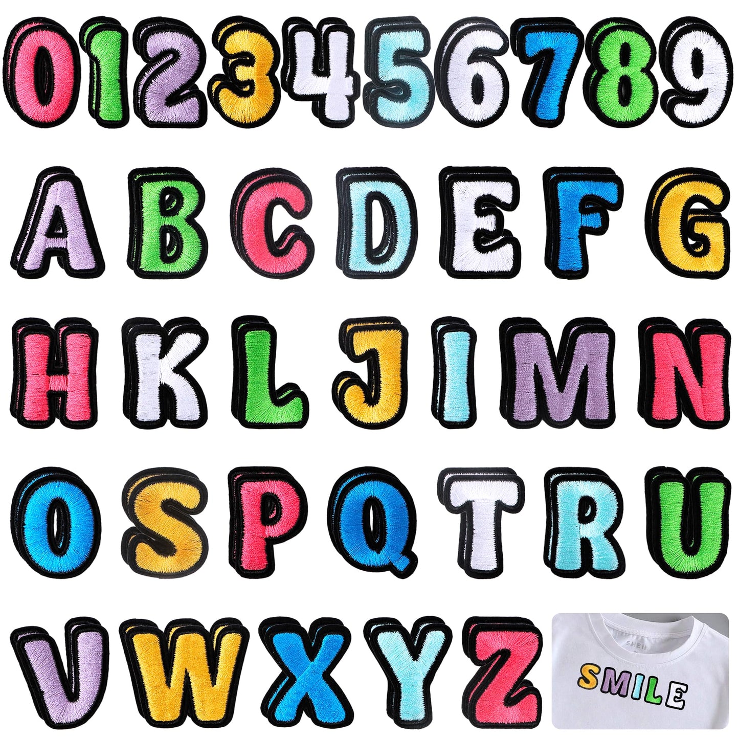 144PCS Iron On Letter Patches Iron On Letters for Clothing Fabric Backpacks Hat Jeans Jackets Shirts Bags Varsity Girls Boys, Applique Sew On Embroidered Letters Alphabet A-Z Number Patches 0-9