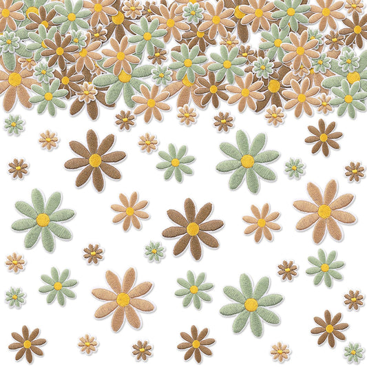 Lyrow 60 Pcs 3 Sizes Daisy Flower Iron on Patches Cute Colorful Flower Embroidered Sew on Applique Patches for Bags Hats Backpacks Shoes T-Shirt Clothes DIY Accessories (Brown, Green, Beige)
