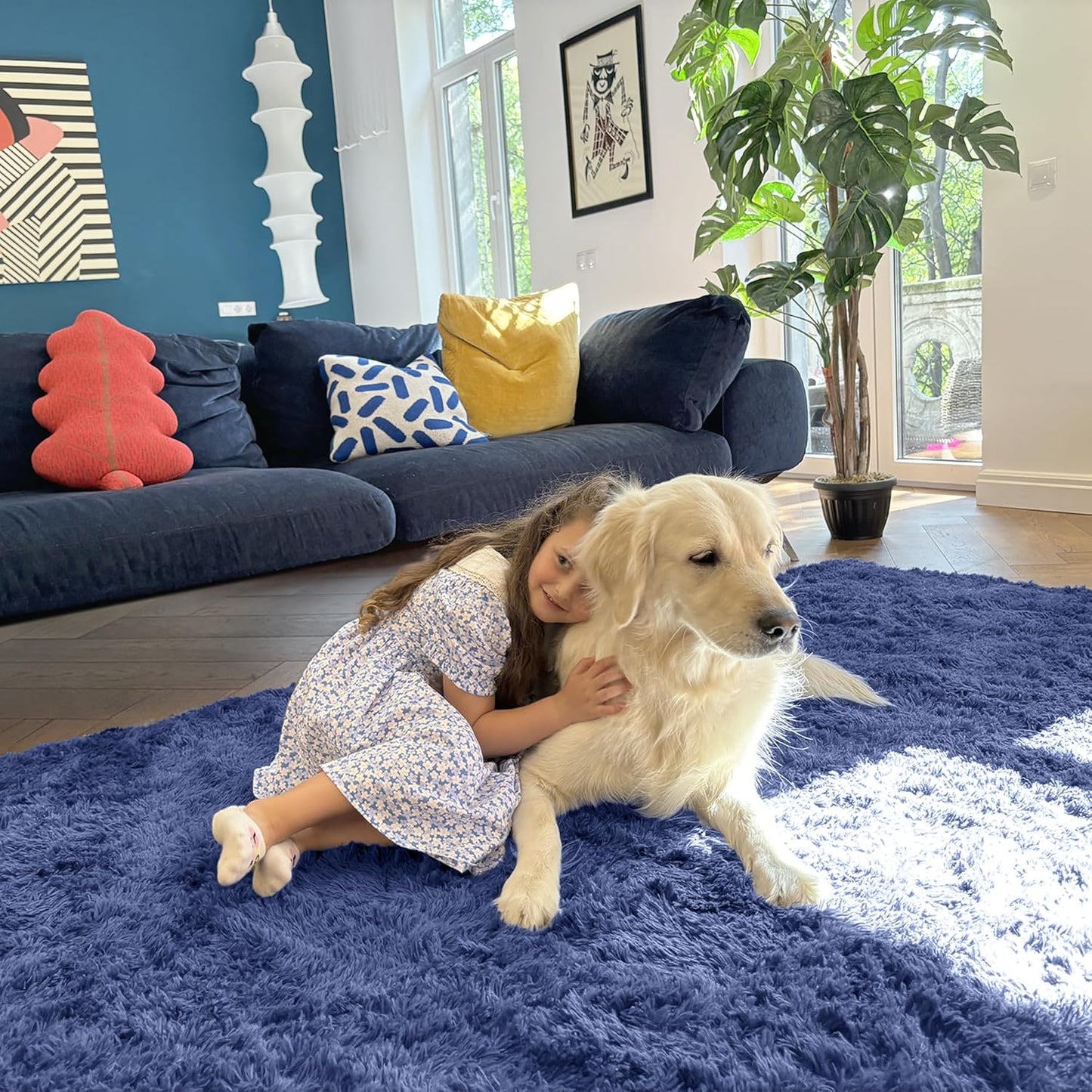 OLANLY Large Area Rug - Soft Fluffy Shaggy Indoor Carpet for Living Room & Bedroom | Denim Blue, 8x10 ft