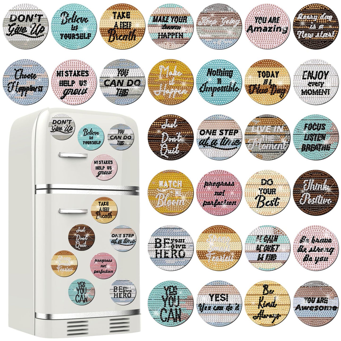 Motipuns 30 Pcs Inspirational Diamond Art Kits Magnetic Motivational Diamond Painting Magnets Kits Positive Affirmation 5d DIY Art Fridge Magnet Refrigerator Sticker for Adult Beginner Home Car Garage