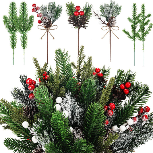60 Pcs Christmas Artificial Green Pine Needles, Christmas Floral Picks Artificial Holly Red Berry Twig Stem Pine Snowy Cone Branches Garland Bulk for Xmas Tree Craft Holiday Winter (Elegant Style)