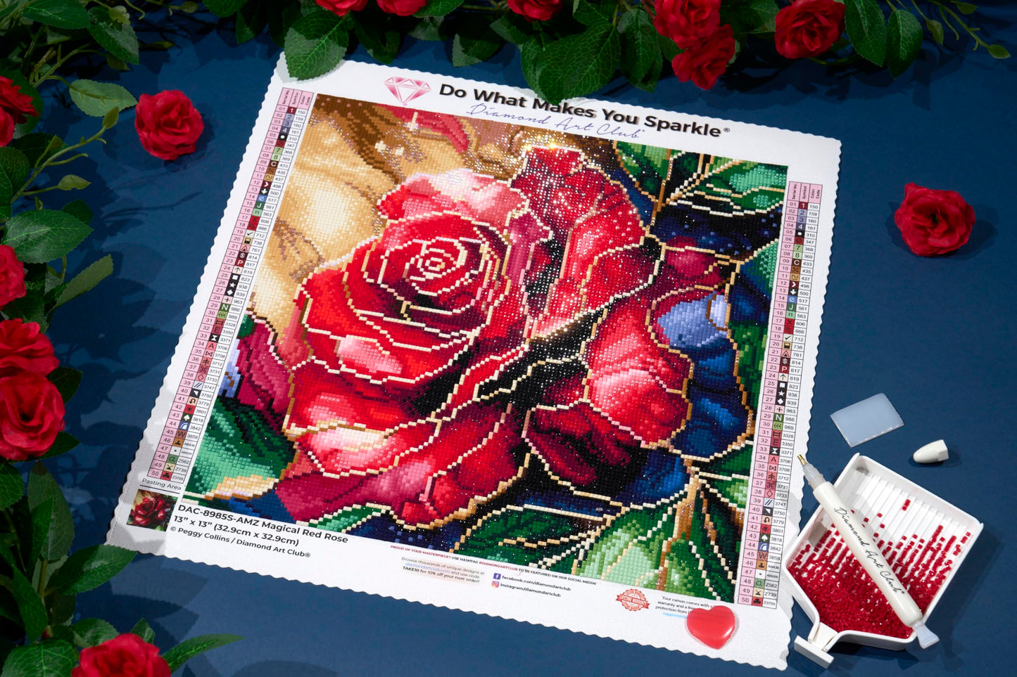DIAMOND ART CLUB Magical Red Rose Diamond Painting Kit, Fun DIY Crafts for Adults, Square Diamond Art Canvas, 13" x 13" (32.9 cm x 32.9 cm)