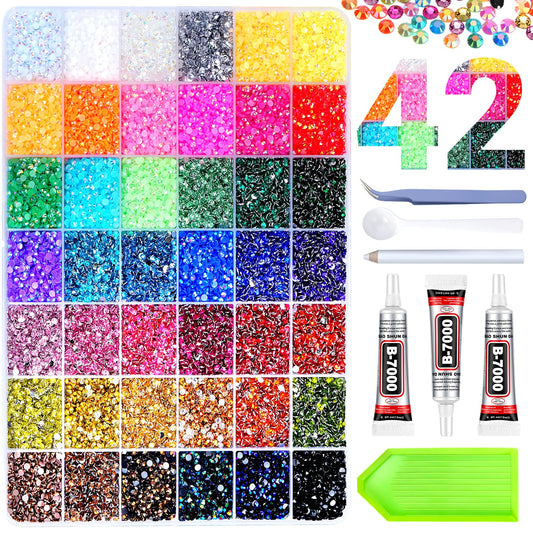 46000Pcs 42 Colors Jelly Rhinestones for Bedazzling, Resin Multicolor 3mm Flatback Gems for Crafting, Bedazzler Kit with 3Pcs 15ml B7000 Jewelry Glue for Crafts Clothes Book Shoes Nail Diamond Art