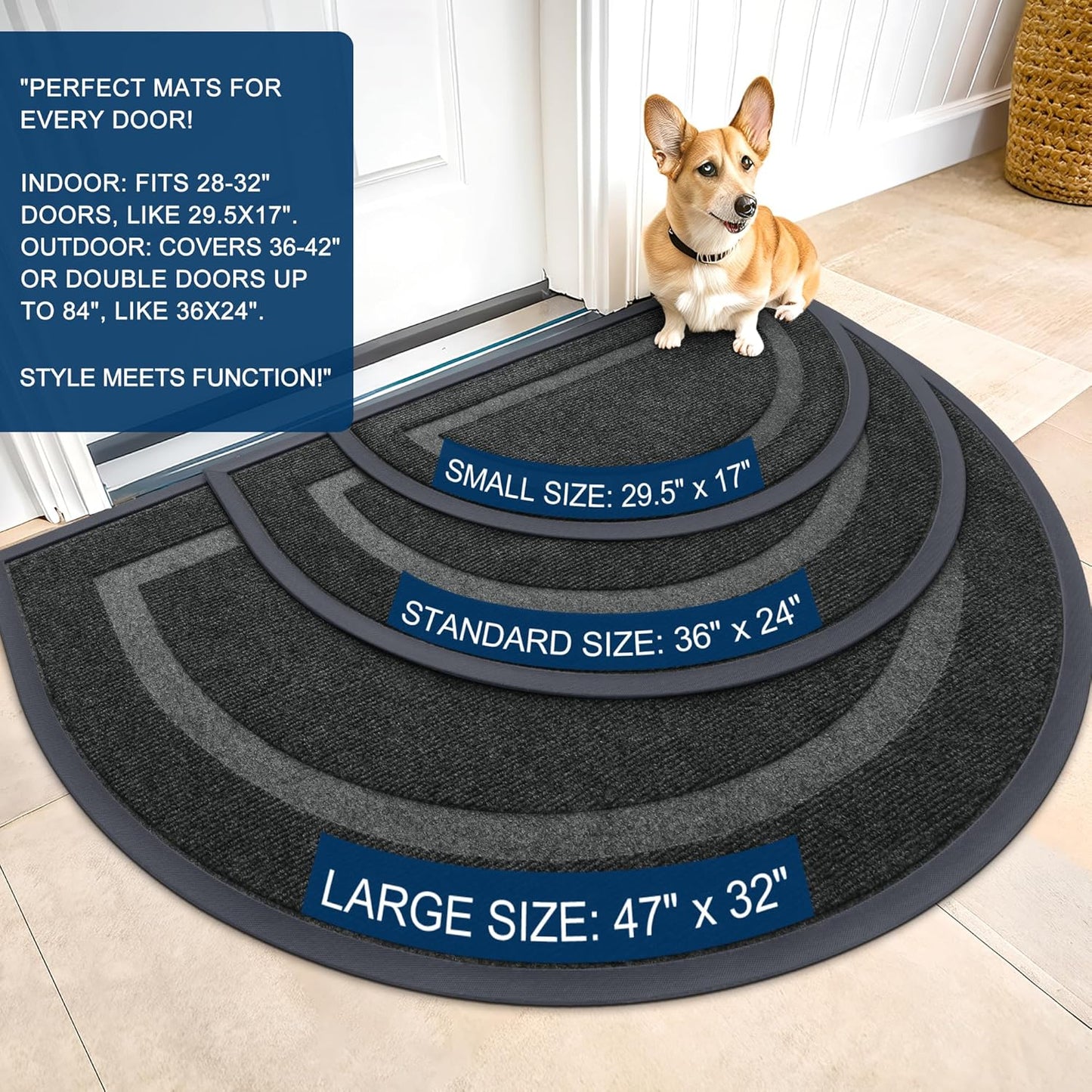 OLANLY Half Circle Door Mat - Waterproof All-Season Indoor/Outdoor Welcome Mat | Sturdy Natural Rubber, 47x32, Black