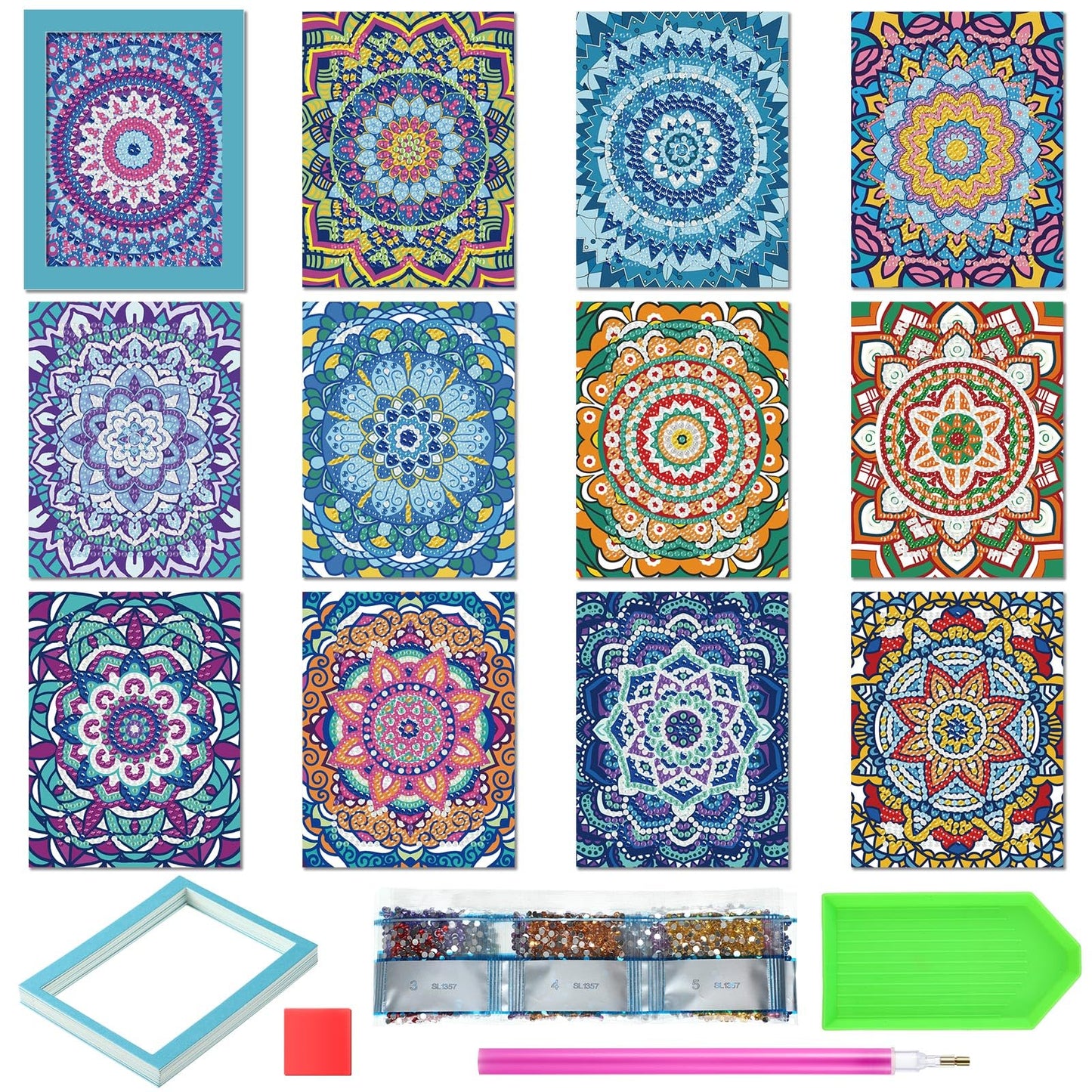 Saillong 24 Pcs Small Diamond Painting Kits Set Mini Diamond Art Set for Beginners, Full Paint Art 1-Hour Painting for Home Decor Desktop, 5.12x3.94 Inches(Mandala)