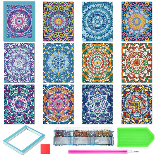 Saillong 24 Pcs Small Diamond Painting Kits Set Mini Diamond Art Set for Beginners, Full Paint Art 1-Hour Painting for Home Decor Desktop, 5.12x3.94 Inches(Mandala)