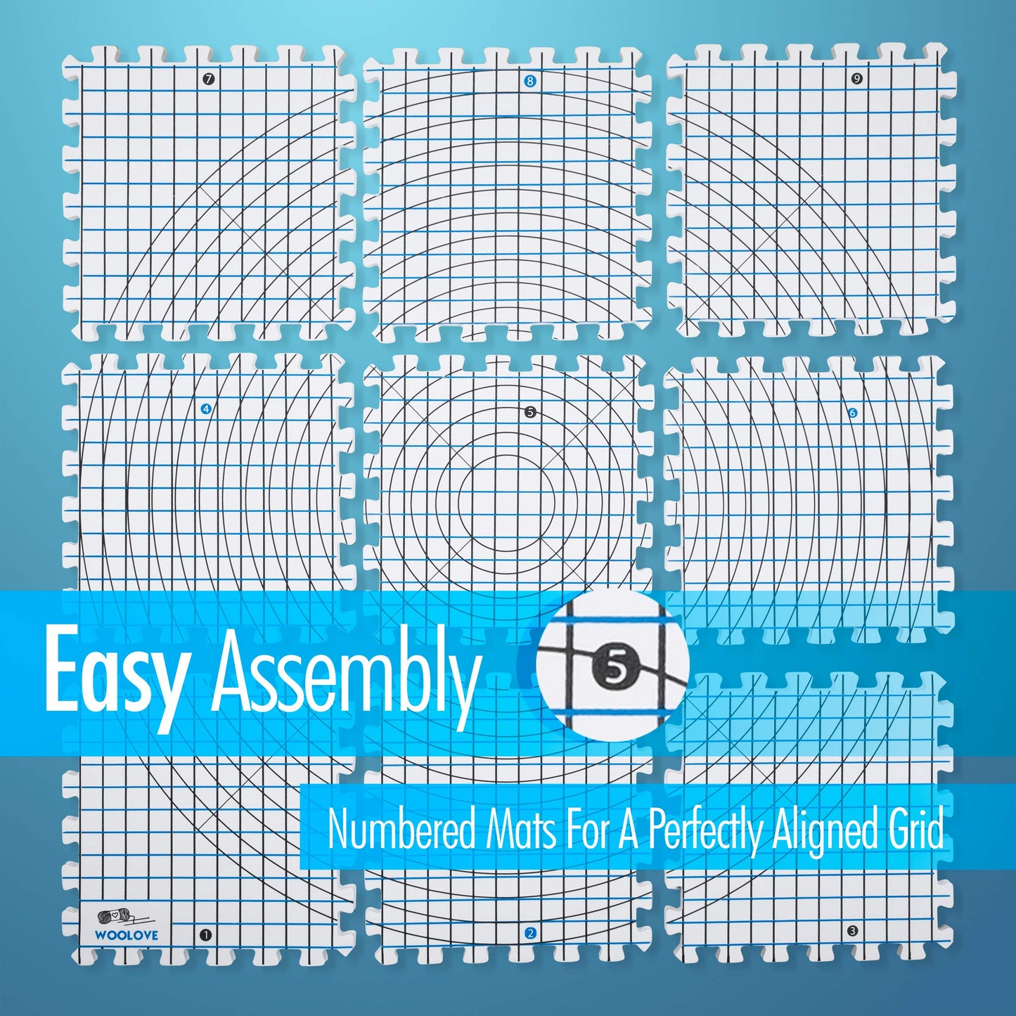 Blocking Mats for Wet and Steam Blocking with Grids and Radial Circles for Curved Projects - 1 cm Thickness - Set of 9 Marked with Numbers Includes 50 t pins and Storage Bag