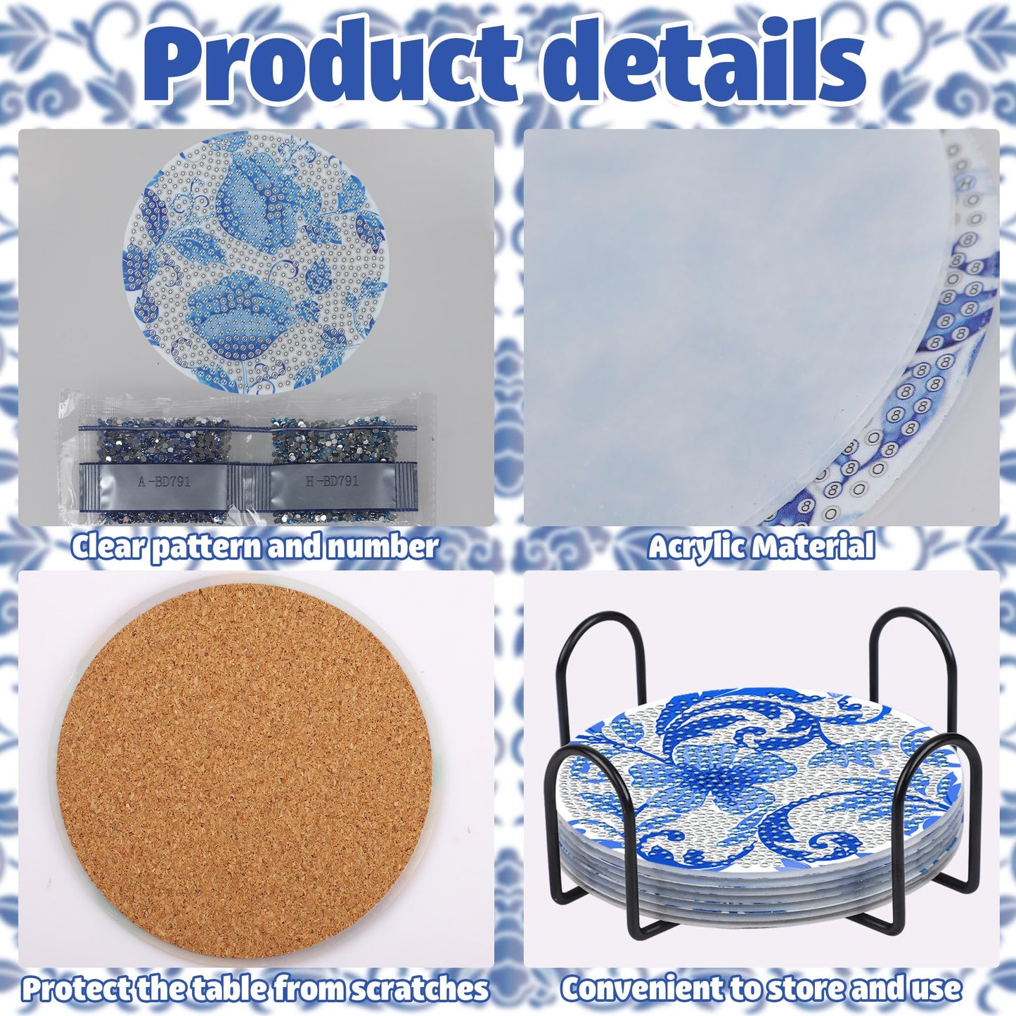 Diamond Art Coaster Blue Flower Diamond Painting Kits 5D DIY Acrylic Diamond Coasters with Cork Base and Holder for Adults DIY Craft, 8 PCS