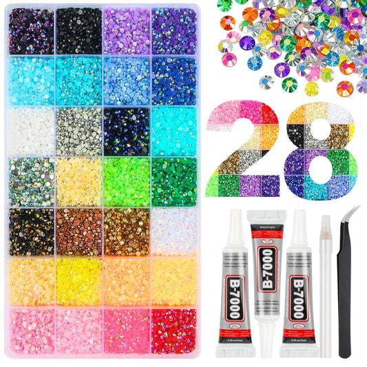 38000Pcs 28 Colors Jelly Resin Rhinestones for Bedazzling, 3mm Multicolor Flatback Gems for Crafting, Bedazzler Kit with 3Pcs 10ml B7000 Glue for Bedazzled Shoes Nail Diamond Art