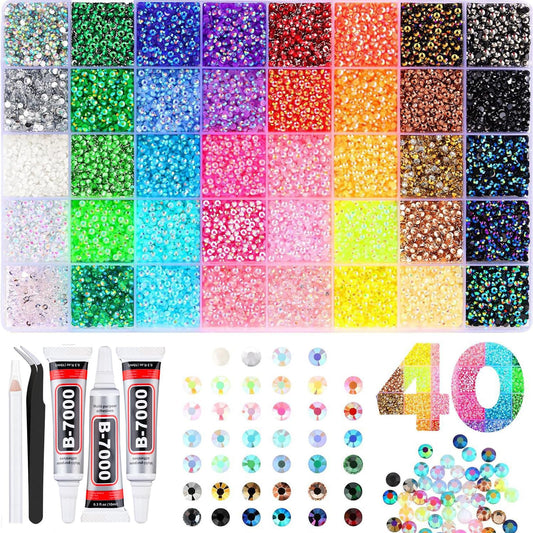 40000Pcs 40 Colors Resin Jelly Rhinestones for Blinging, 3mm SS12 Flatback Gems for Crafting, Multicolor Crystals Kit with 3 Tubes B7000 Glue for DIY Shoes, Tumblers, Nail Art & Clothing Decor