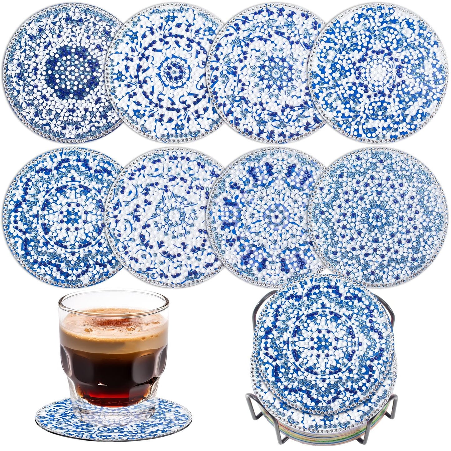 Blue and White Porcelain Diamond Art Coaster Kit, 8PCS DIY Diamond Painting Crafts with Holder, Chinese Style Mosaic Diamond Kit for Adults, Elegant Gift for Women & Teens