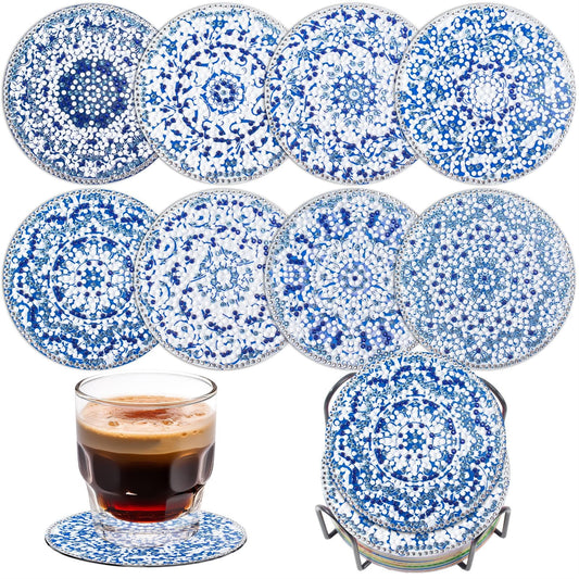 Blue and White Porcelain Diamond Art Coaster Kit, 8PCS DIY Diamond Painting Crafts with Holder, Chinese Style Mosaic Diamond Kit for Adults, Elegant Gift for Women & Teens