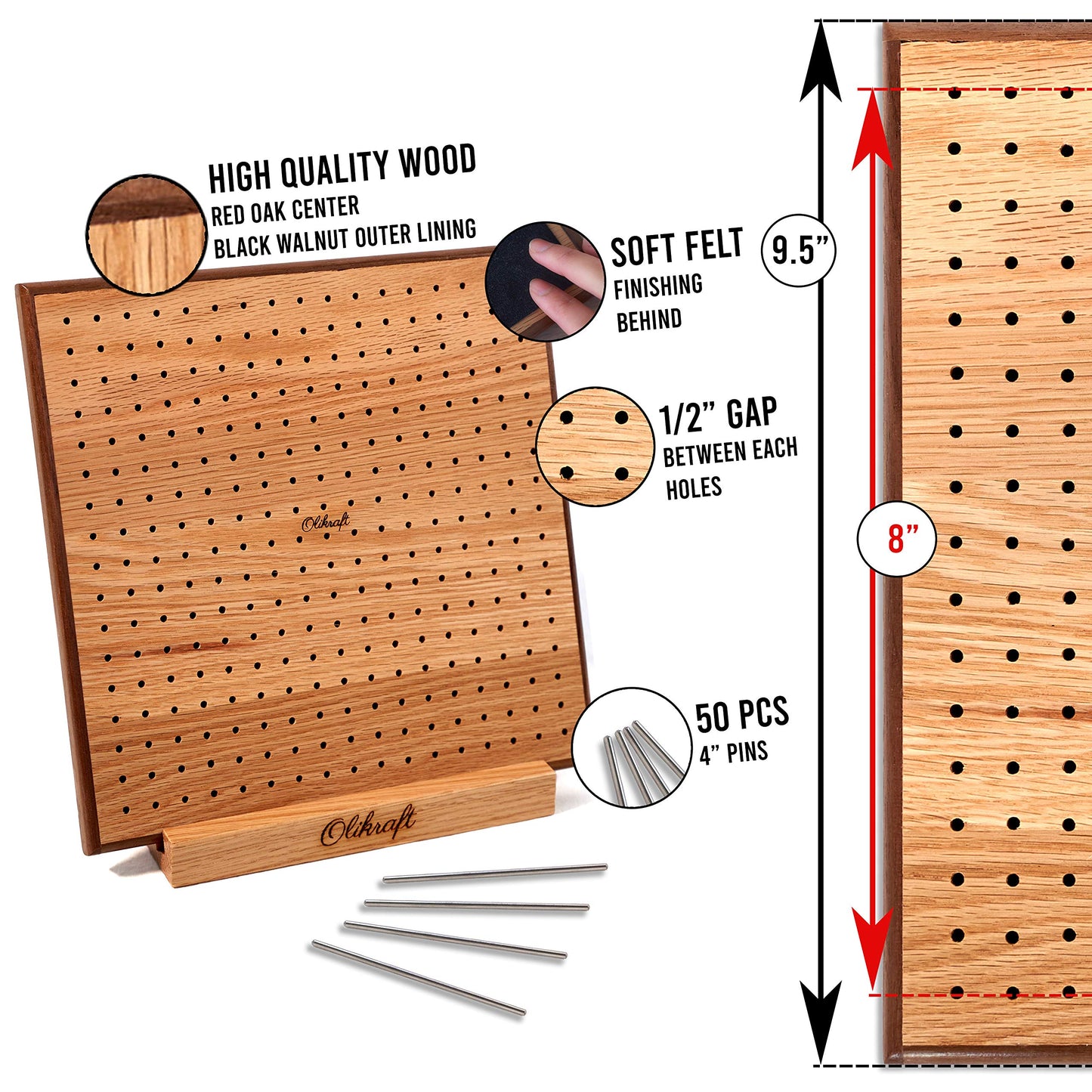 Olikraft 8-Inch Red Oak Crochet Blocking Board with 50 Pins and Rainbow Yarn Cutter Set - Durable Blocking Board for Crochet Projects and Vibrant Multi-Color Cutters