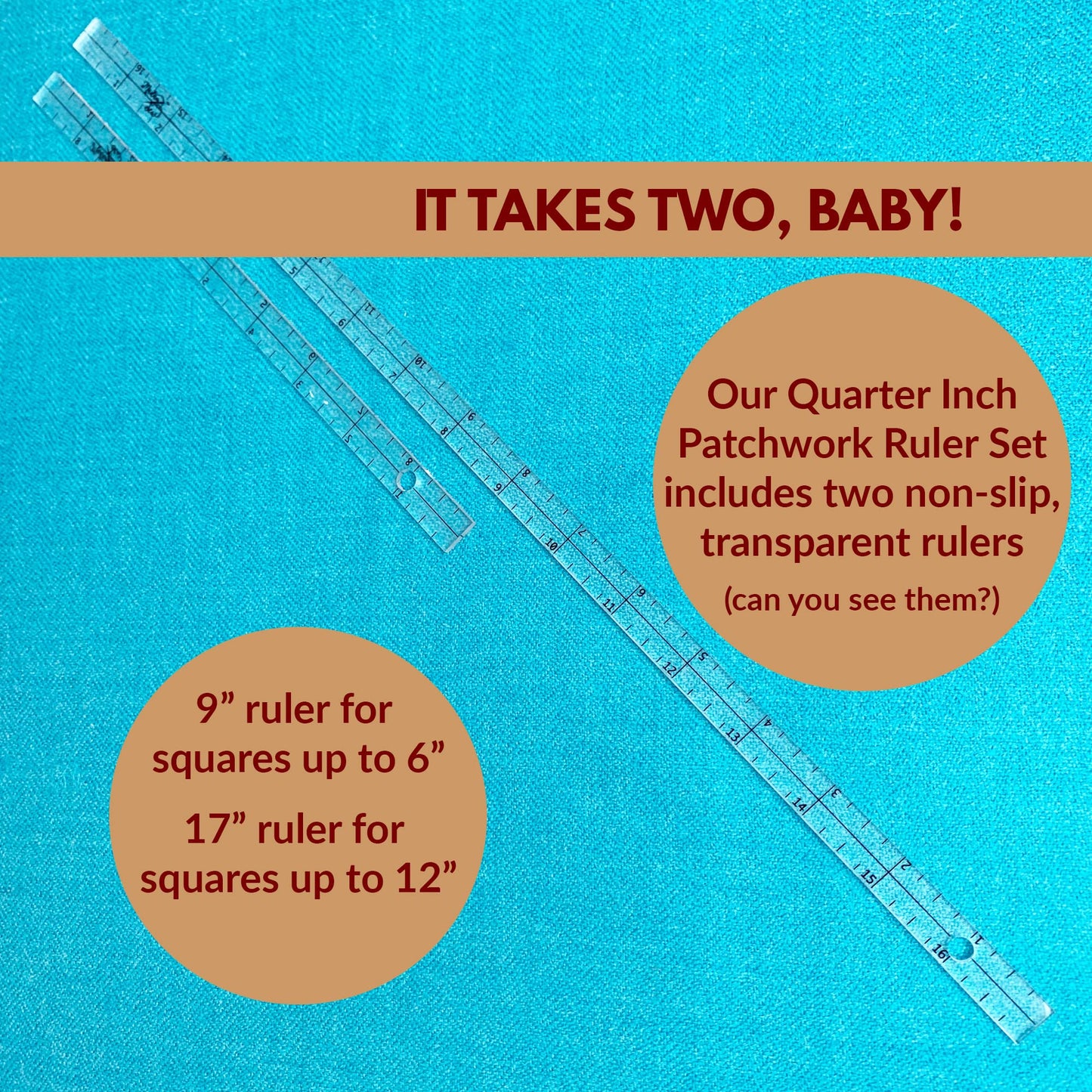 Madam Sew Exclusive | Quarter-Inch Patchwork Sewing Ruler Set | Includes 9" and 17" Quilting Rulers for Precise Marking and Measuring | ¼, ½, and 1" from Each Side | Non-Slip Coating Grips Fabric