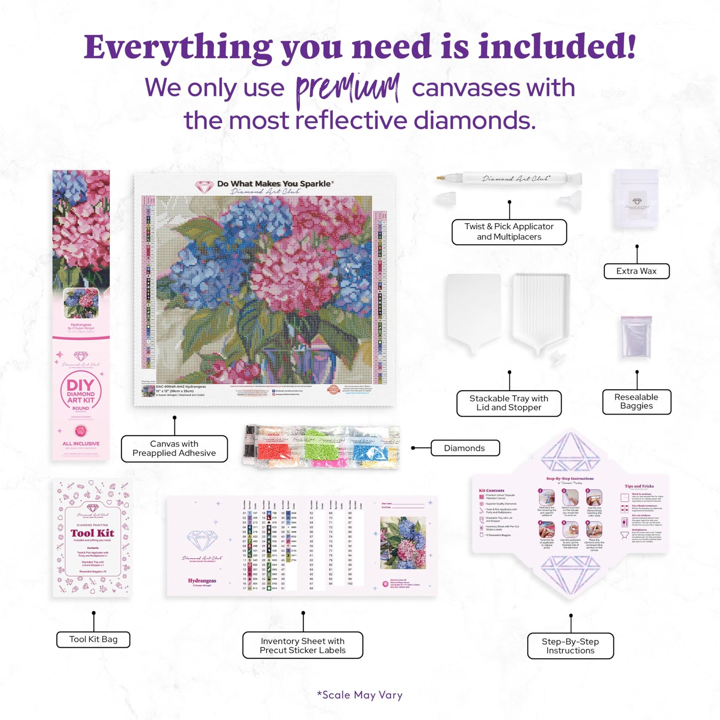 DIAMOND ART CLUB Hydrangeas Diamond Painting Kit, Fun DIY Crafts for Adults, Round Diamond Art Canvas, 15" x 13" (38 cm x 33 cm)