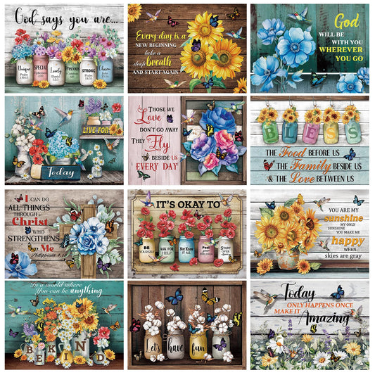 Cinnvoice 12 Pack Floral Diamond Art Painting Kits for Adults Beginners Inspirational Bible Verse Christian 5d Round Full Drill Gem Crafts for Home Wall Decor 12 x 16 Inch