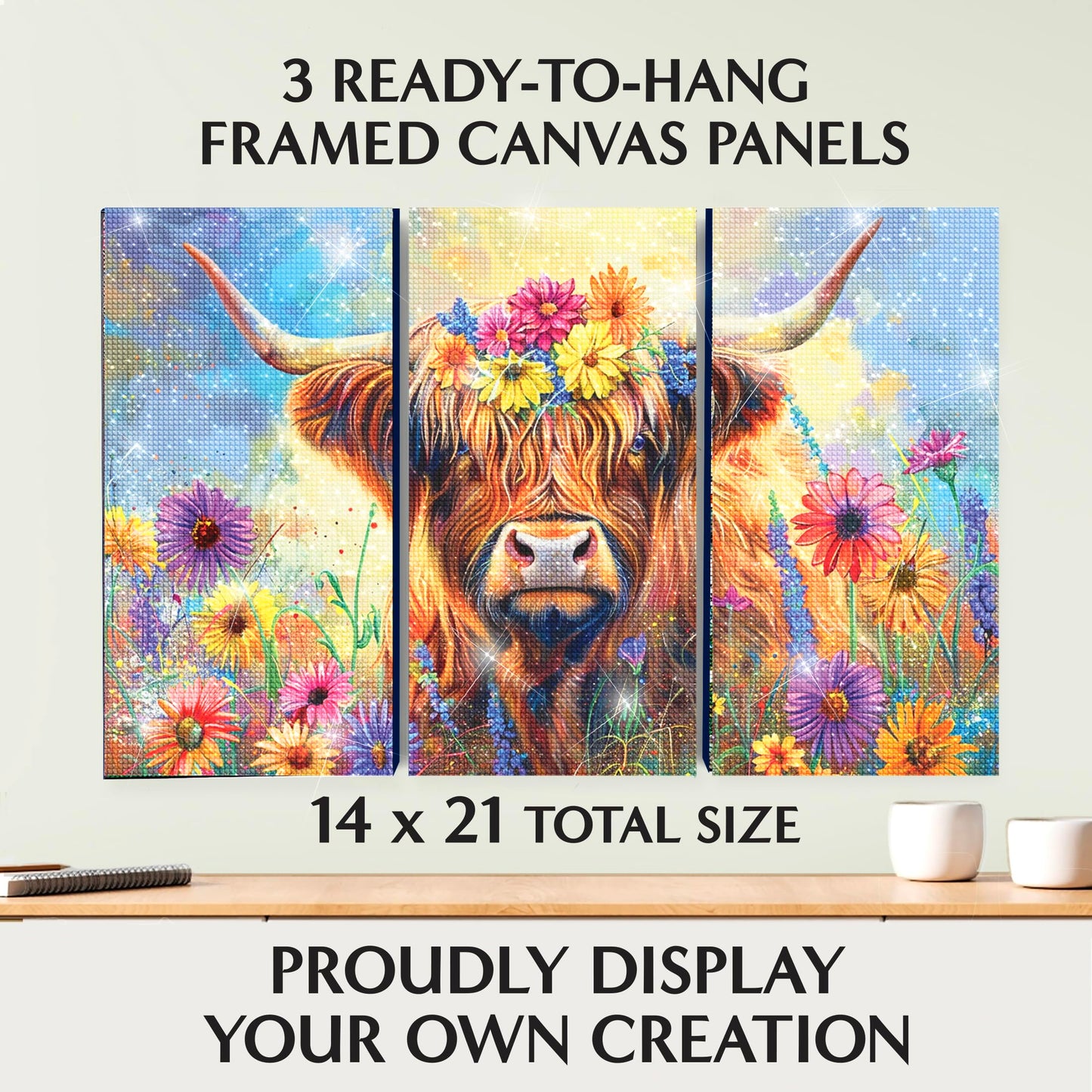 ArtSkills Diamond Painting Kit, Diamond Art Ready to Hang Framed Canvas with Storage and Accessory Kit, Highland Cow, 3 Stretched Canvas Panels, 14” x 7” Each