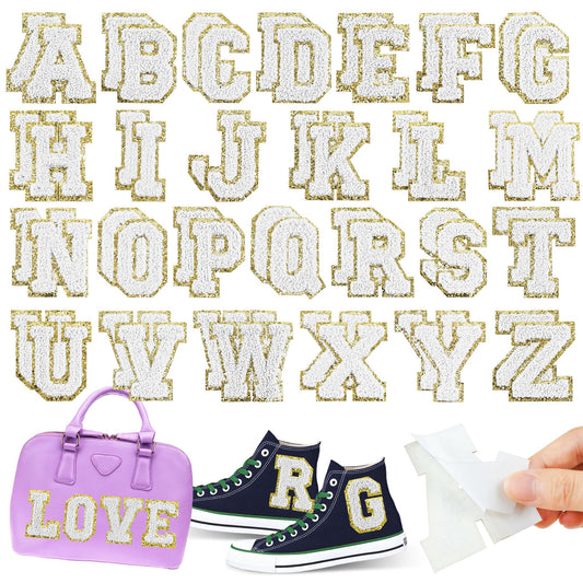 Ssyuysto 52PCS Chenille Self Adhesive Letter Patches Gold Glitter Border Preppy Varsity Alphabet A-Z 2.2'' Large Embroidered Initial Appliques for Jackets Backpacks Trucker Hats DIY Crafts(White)