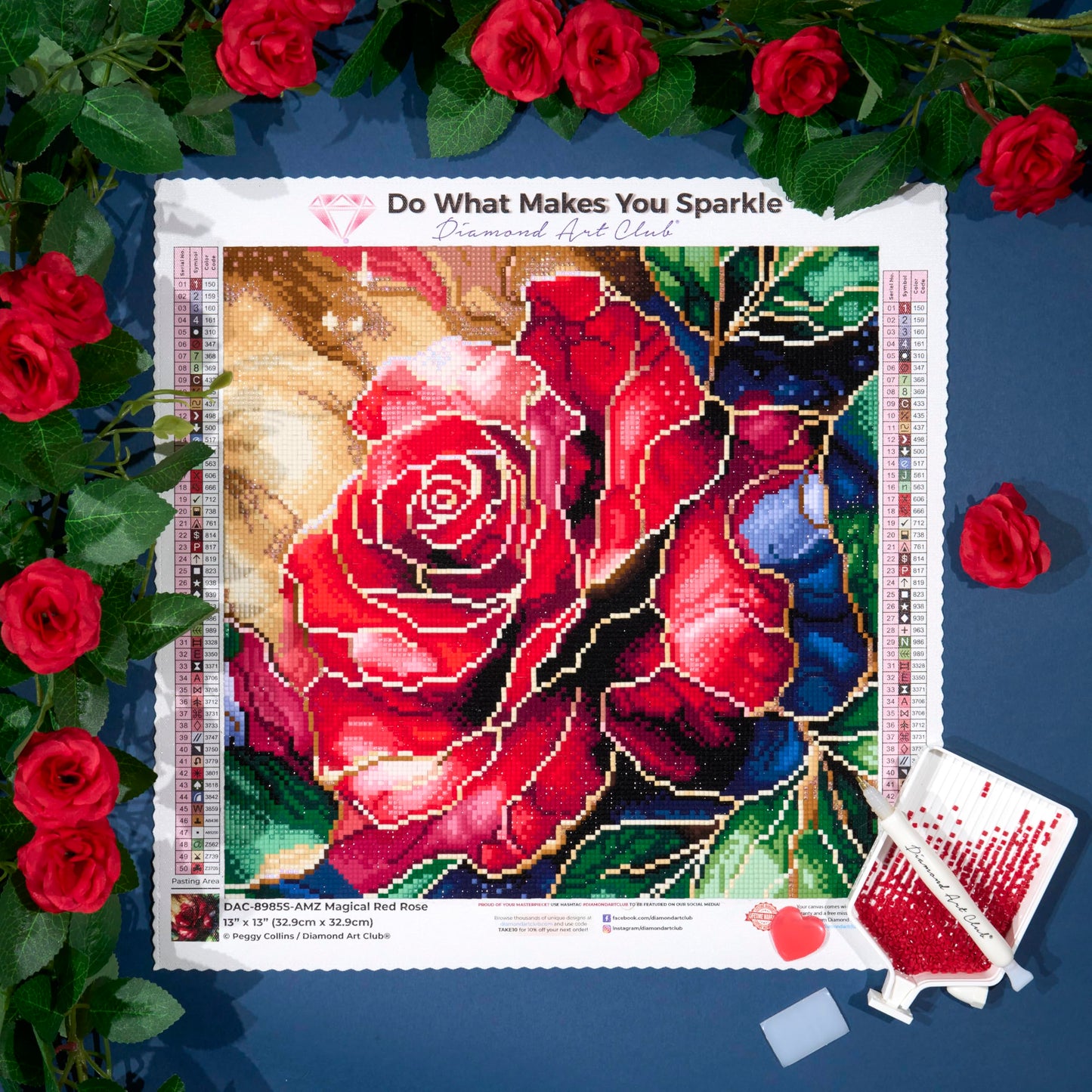 DIAMOND ART CLUB Magical Red Rose Diamond Painting Kit, Fun DIY Crafts for Adults, Square Diamond Art Canvas, 13" x 13" (32.9 cm x 32.9 cm)