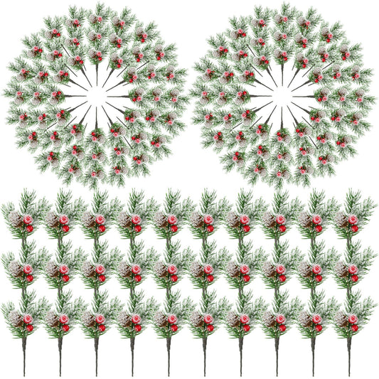 96 Pcs Christmas Picks and Sprays Christmas Tree Floral Picks Holly Red Berry Stem Spray Greenery for Craft Artificial Faux Pine Branches Cone Branches for Tree Home Decor Garland Wreath (Fresh)