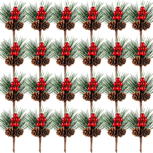 WILLBOND 24 Pieces Christmas Floral Picks, Artificial Pine Picks Christmas Pine Needles Branches with Berry Pinecones Fake Berries for Flower Arrangements Wreaths Xmas Tree Decoration(Red)