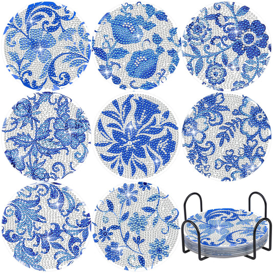 Diamond Art Coaster Blue Flower Diamond Painting Kits 5D DIY Acrylic Diamond Coasters with Cork Base and Holder for Adults DIY Craft, 8 PCS