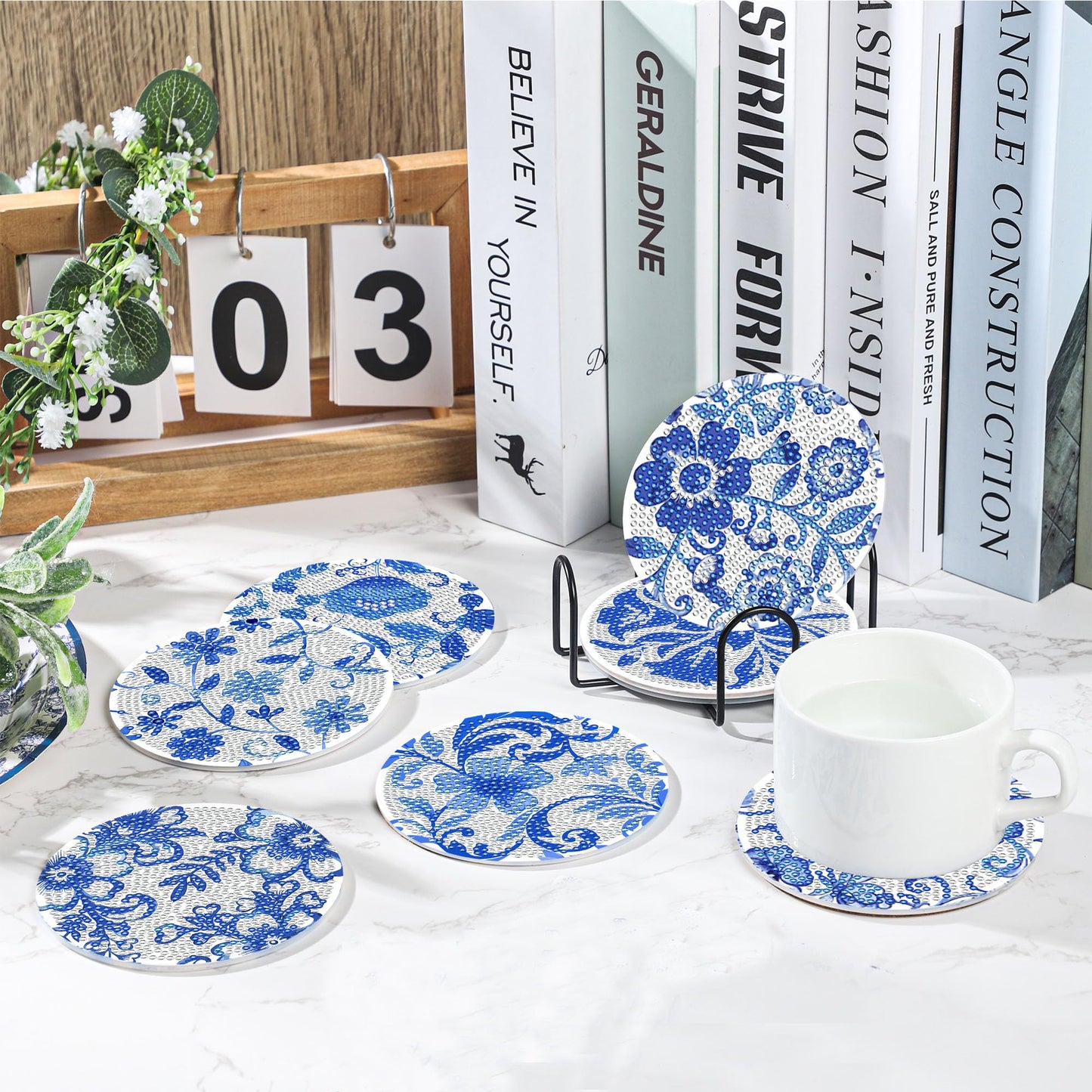 Diamond Art Coaster Blue Flower Diamond Painting Kits 5D DIY Acrylic Diamond Coasters with Cork Base and Holder for Adults DIY Craft, 8 PCS