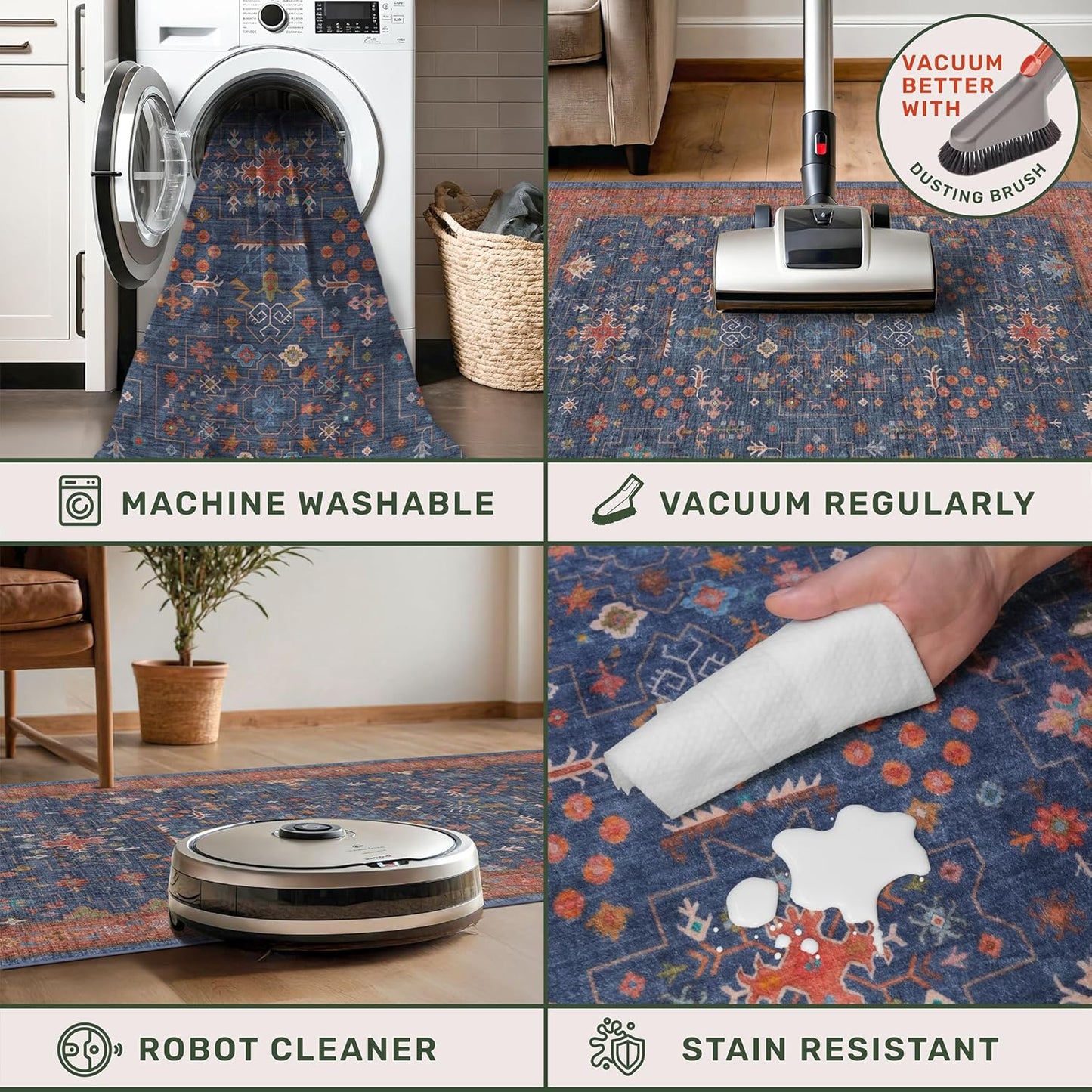 Regine Switzerland Washable 4x6 Area Rug - Stain Resistant Non-Slip Design for Living Room & Kitchen (Navy Blue)